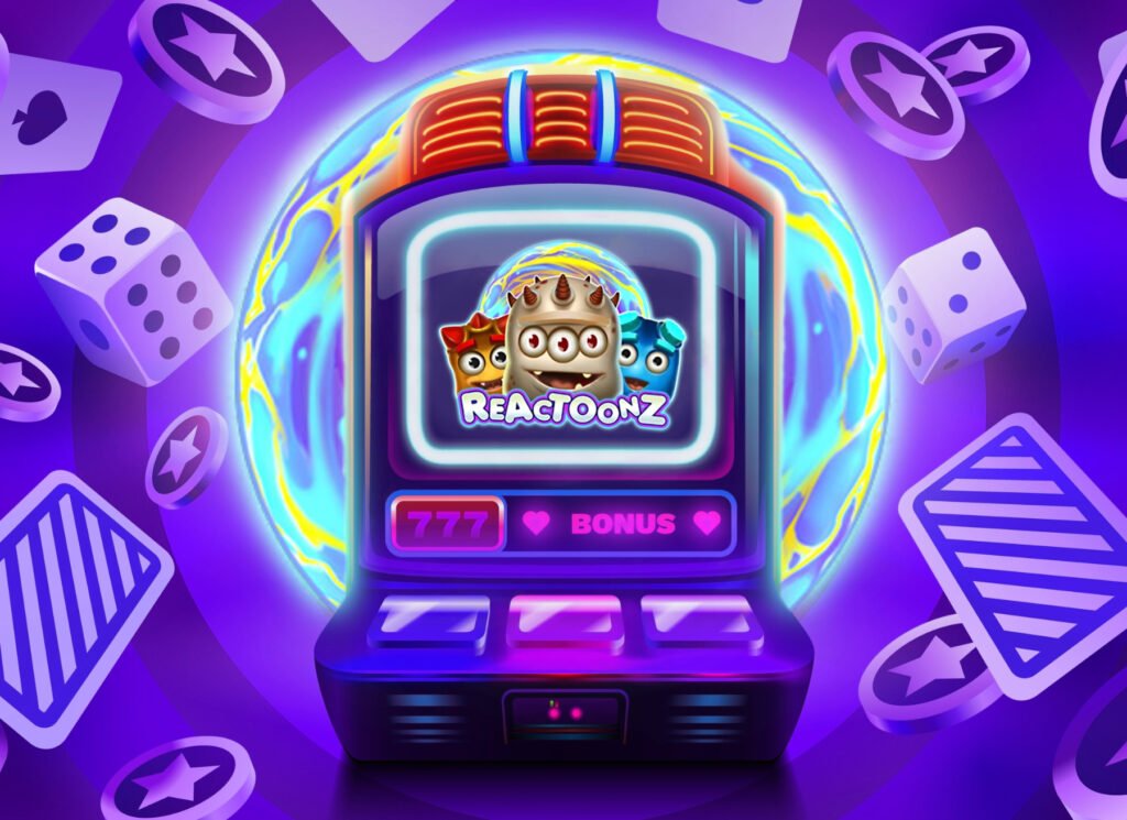 Purple 3D illustration of a casino slot machine showing Reactoonz mage logo on the screen.