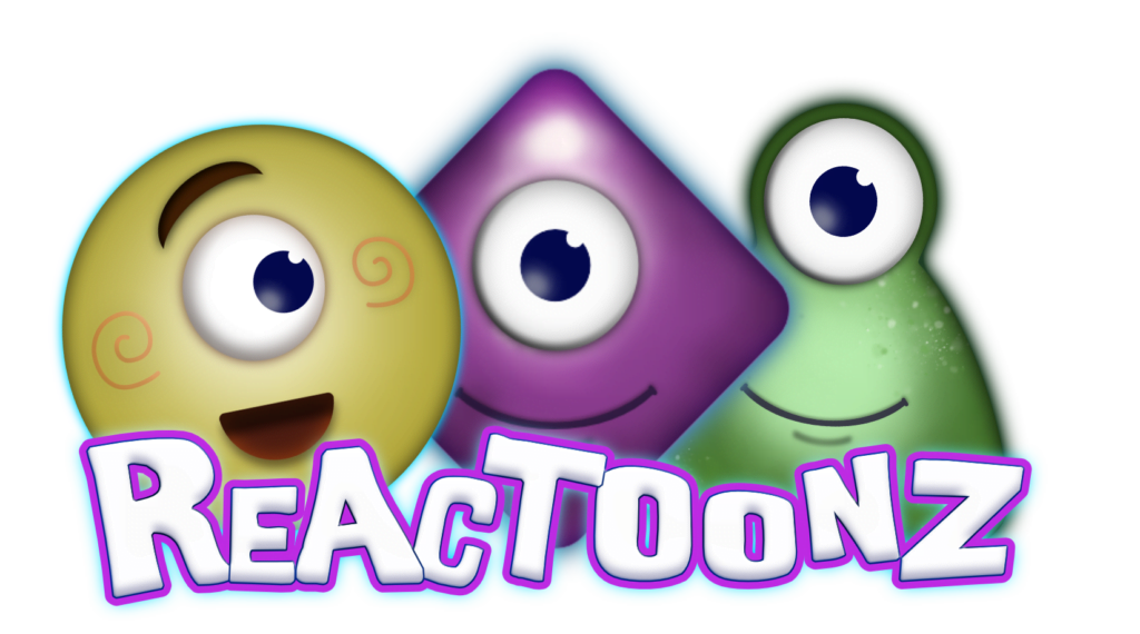 Reactoonz logo, 3D illustration of the green, purple, and yellow one-eyed alien symbols from Reactoonz slot game