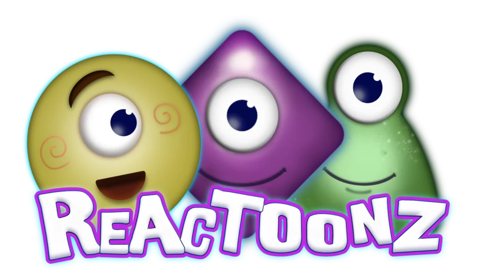 Reactoonz-Logo, 3D-Illustration der grünen, lila und gelben einäugigen Alien-Symbole aus dem Reactoonz slot-Spiel
